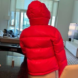 The Super Puff Shorty down jacket. From Aritzia.  100% goose. Wears like a SMALL